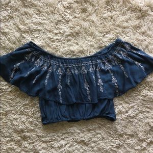 blue off the shoulder embroidered crop top